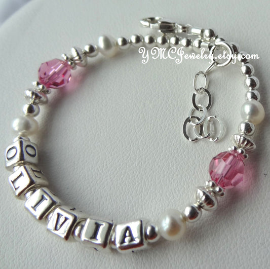 Freshwater Pearl Birthstone Name Bracelet, Name Pearl Bracelet,Pink Name Bracelet,Birthstone Name Bracelet, Name Bracelet,Baby Name Bracelet