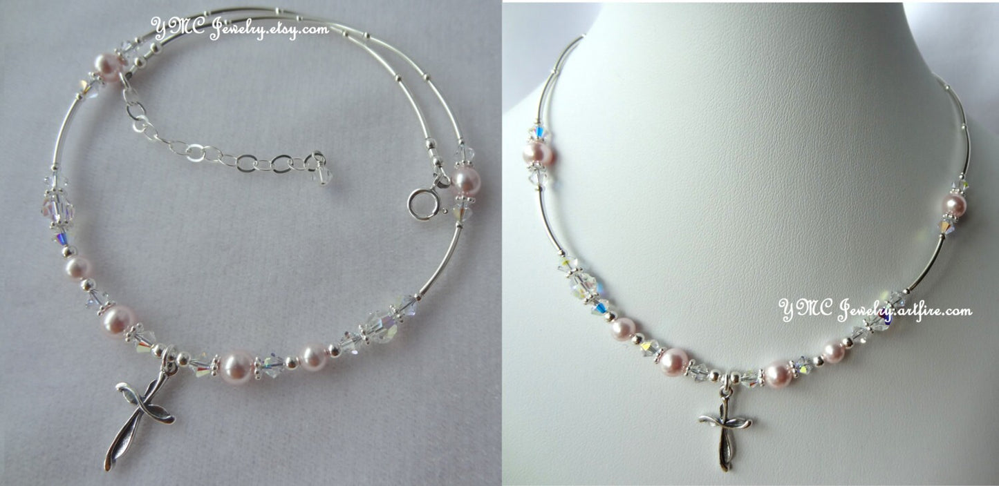 Sterling Silver First Communion Pearl Necklace,Flower Girl Pearl Necklace,Confirmation Pearl Necklace,Baptism Pearl Necklace,Cross Necklace