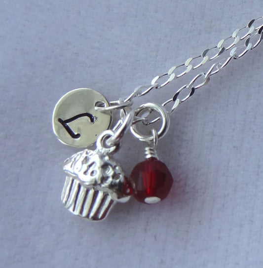 Sterling Silver Cupcake Necklace, Birthday Necklaces, Initial Letter Necklace, Baby Pink White Freshwater Pearl, Birthstone Necklace