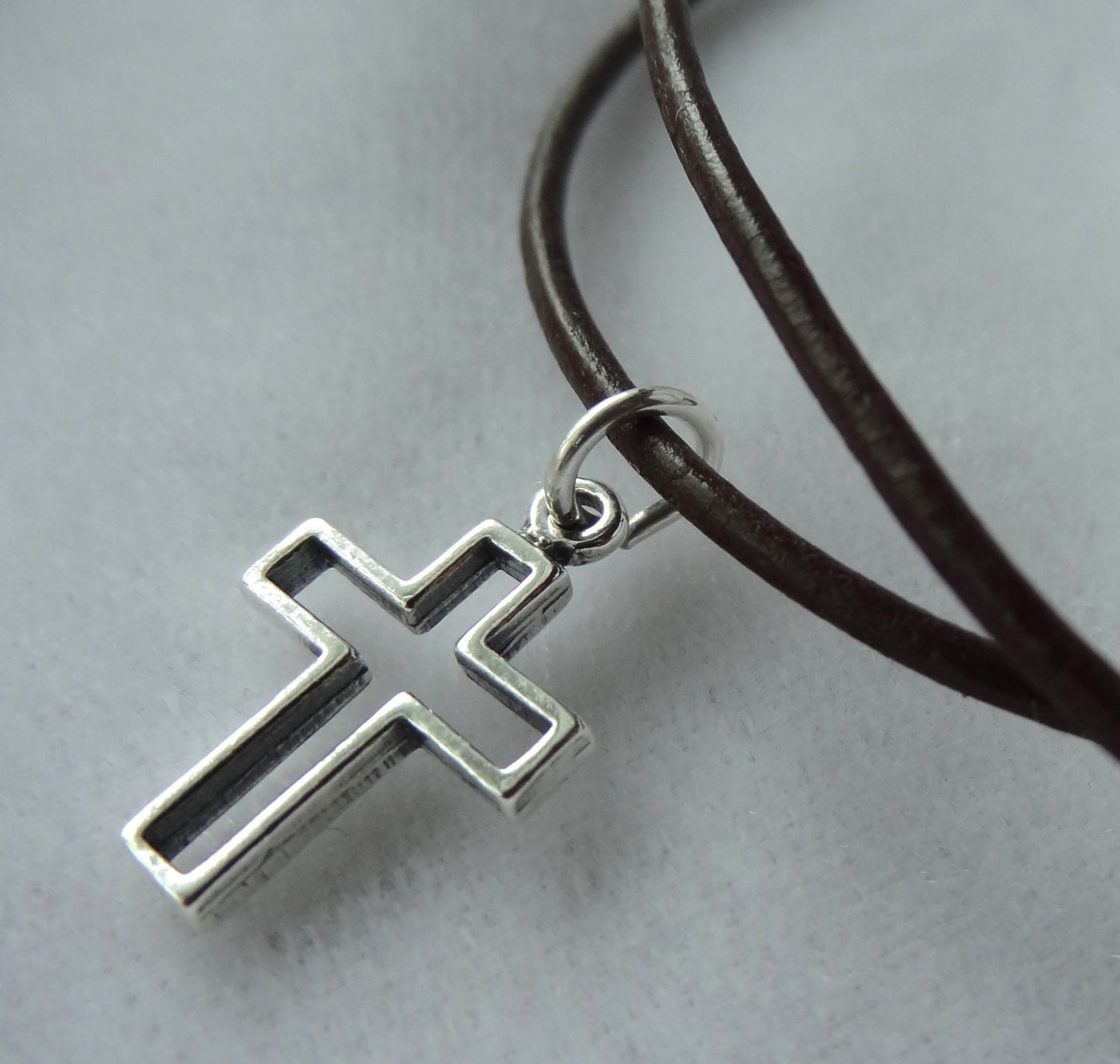Leather and Sterling Silver Cross Domed Boy Necklace Choker,Baptism First Communion Confirmation Cross Boy Necklace,Boy Cross Necklace