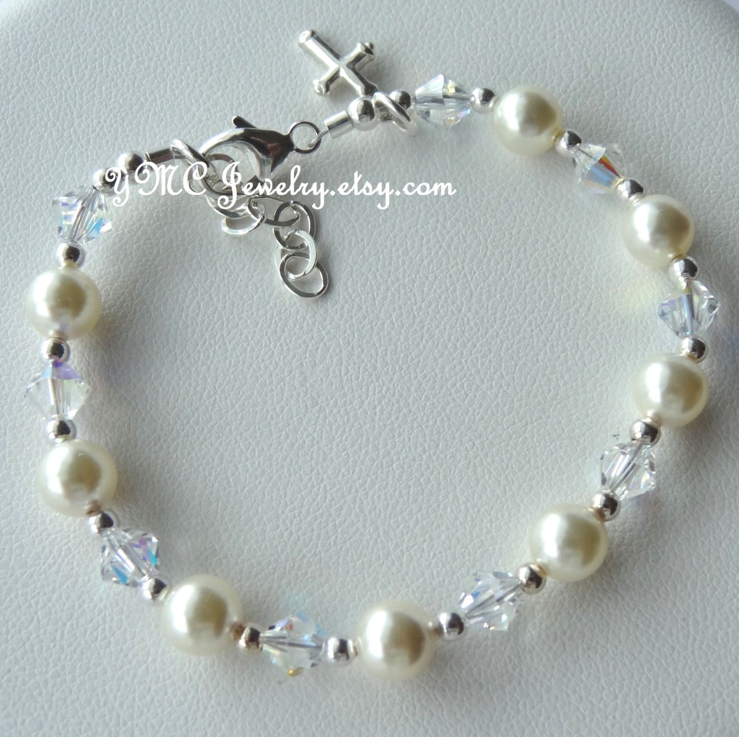 Crystal Cross Pearl Baby Baptism Bracelet,Cross Bracelet, Confirmation First Communion Cross Bracelet,Flower Girl Bracelet,Junior Bridesmaid