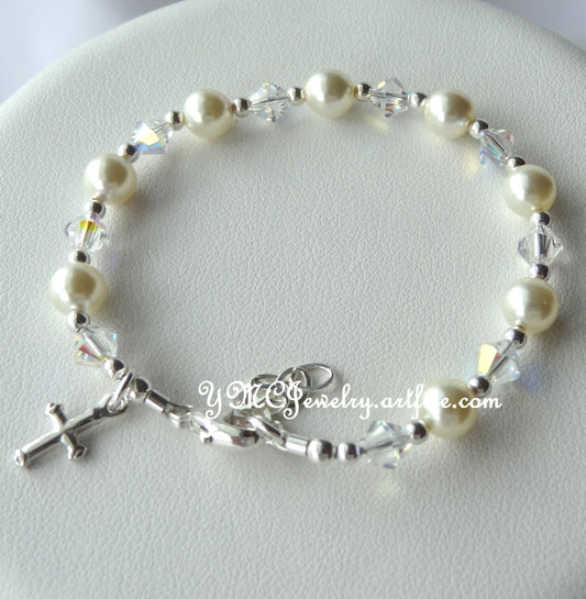 Baby Baptism Pearl Bracelet, Cross Bracelet, Confirmation First Communion Bracelet, Flower Girl Pearl Bracelet, Junior Bridesmaid Bracelet