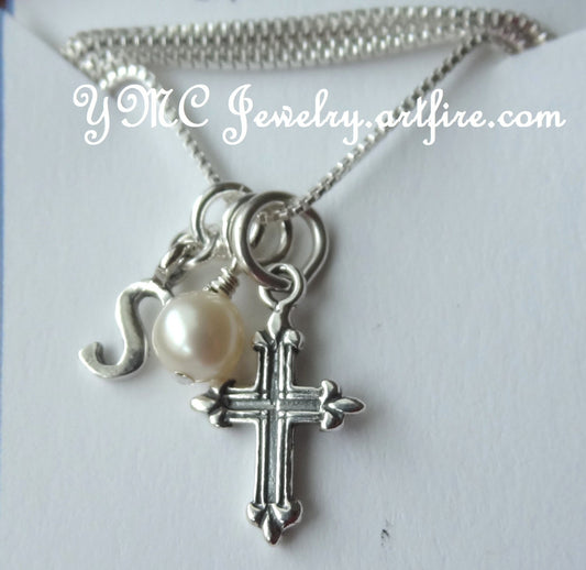 Confirmation Necklace,Sterling Silver Initial Cross Pendant Necklace, Cross Initial Letter Necklace, Baptism First Communion Cross Necklace