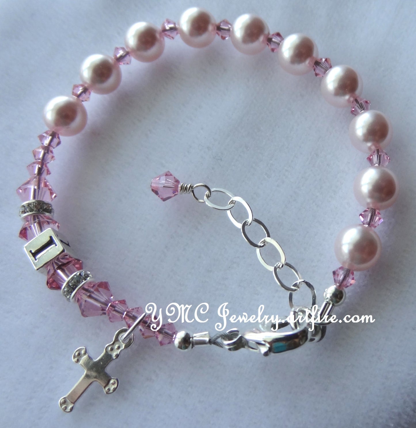 Pearl Pink Baby Rosary Bracelet,First Communion Bracelet,Baptism Rosary Bracelet,Pink Pearl Chaplet Bracelet,Pink Pearl Initial Bracelet