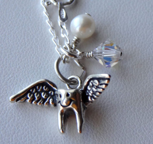 Children Tooth Fairy Pearl Necklace,Tooth Fairy Jewelry,Flying Tooth Pendant,Dental Assistant Hygienist Gift,Lost First Tooth Keepsake Neckl