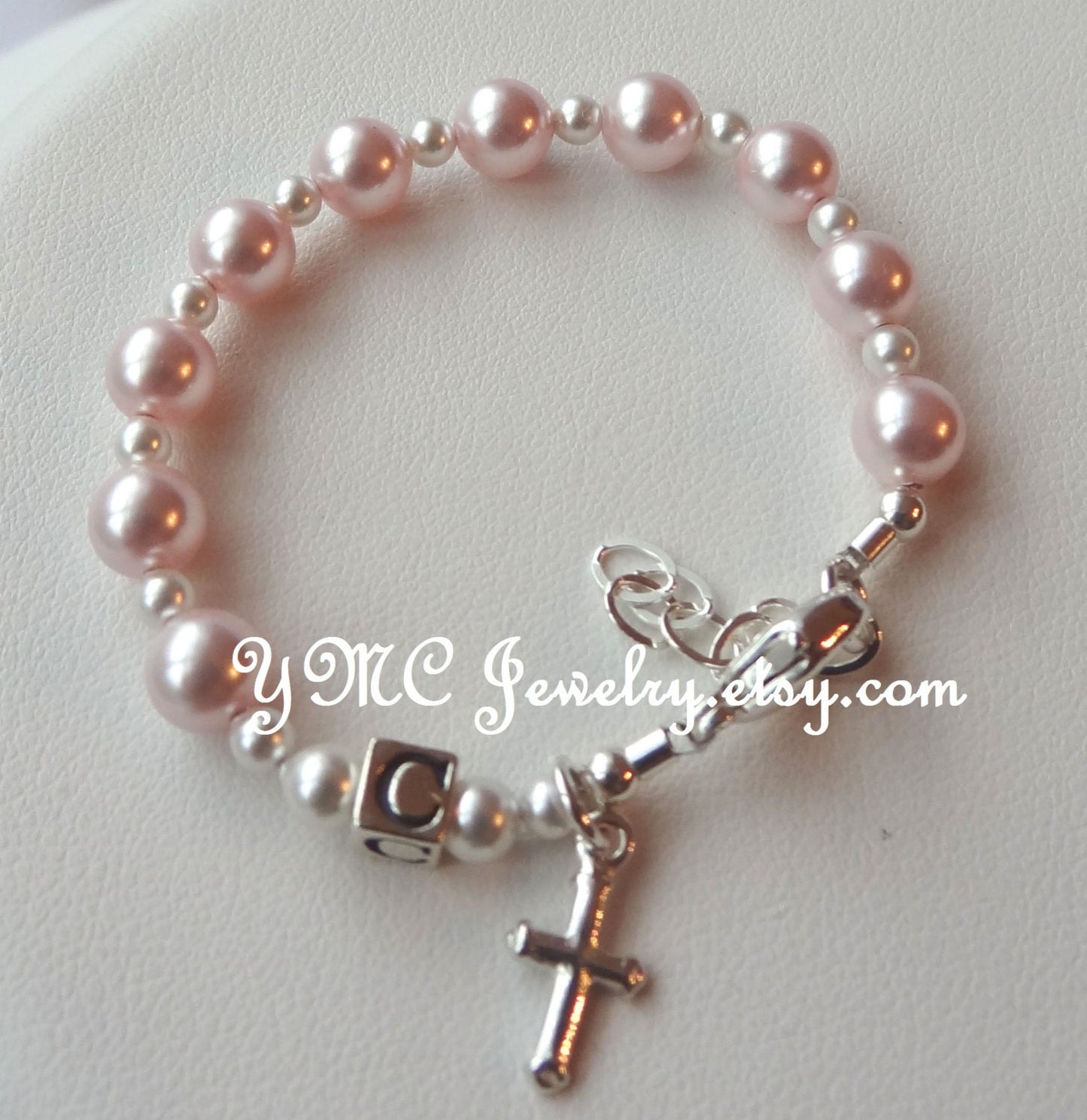 Pearl Pink Baby Rosary Bracelet,First Communion Bracelet,Baptism Rosary Bracelet,Pink Pearl Chaplet Bracelet,Pink Pearl Initial Bracelet