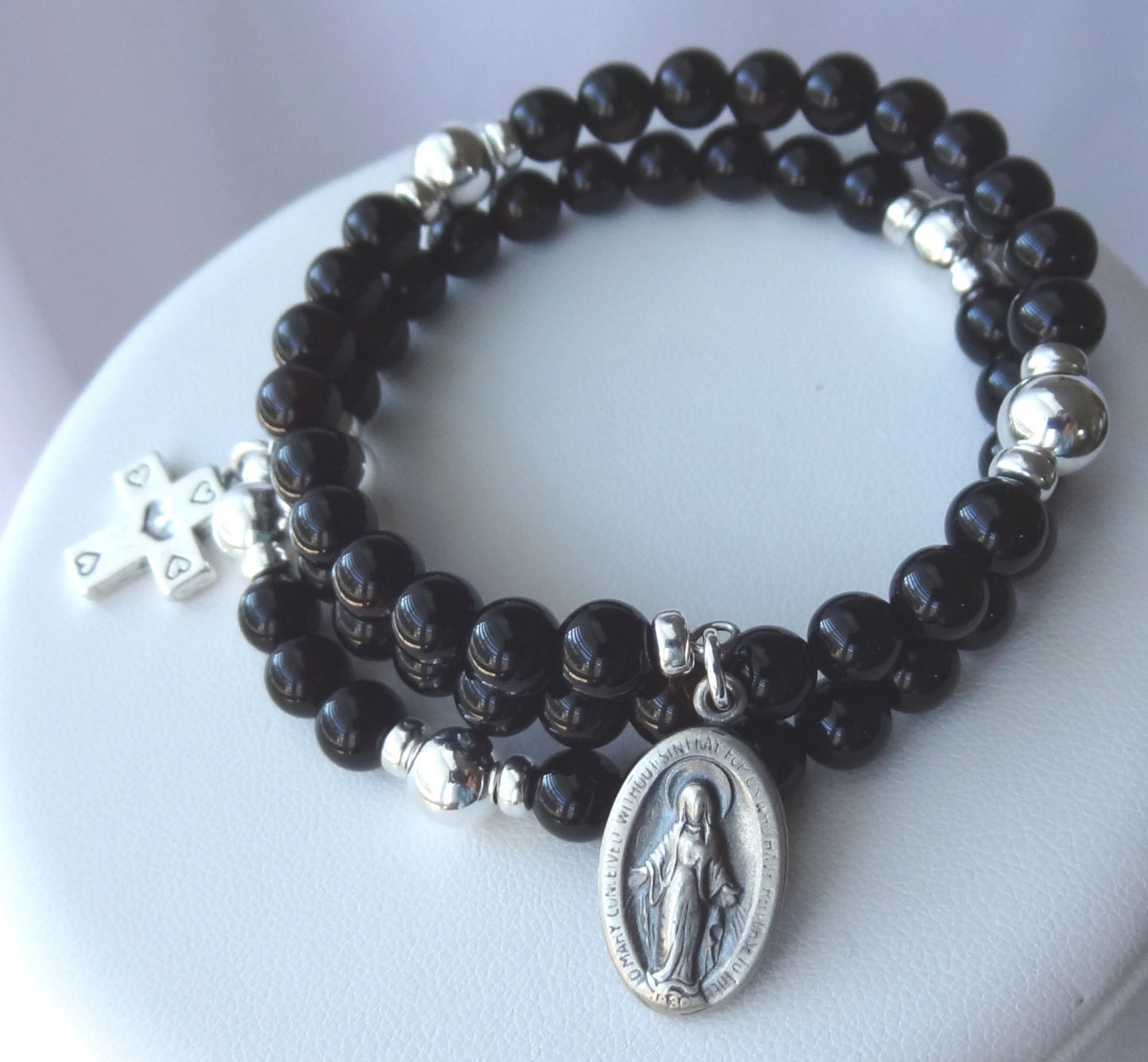 Sterling Silver Black Onyx Rosary Bracelet,Five Decade Wrap Around Rosary Bracelet,First Communion Confirmation Bracelet,Full RosaryBracelet