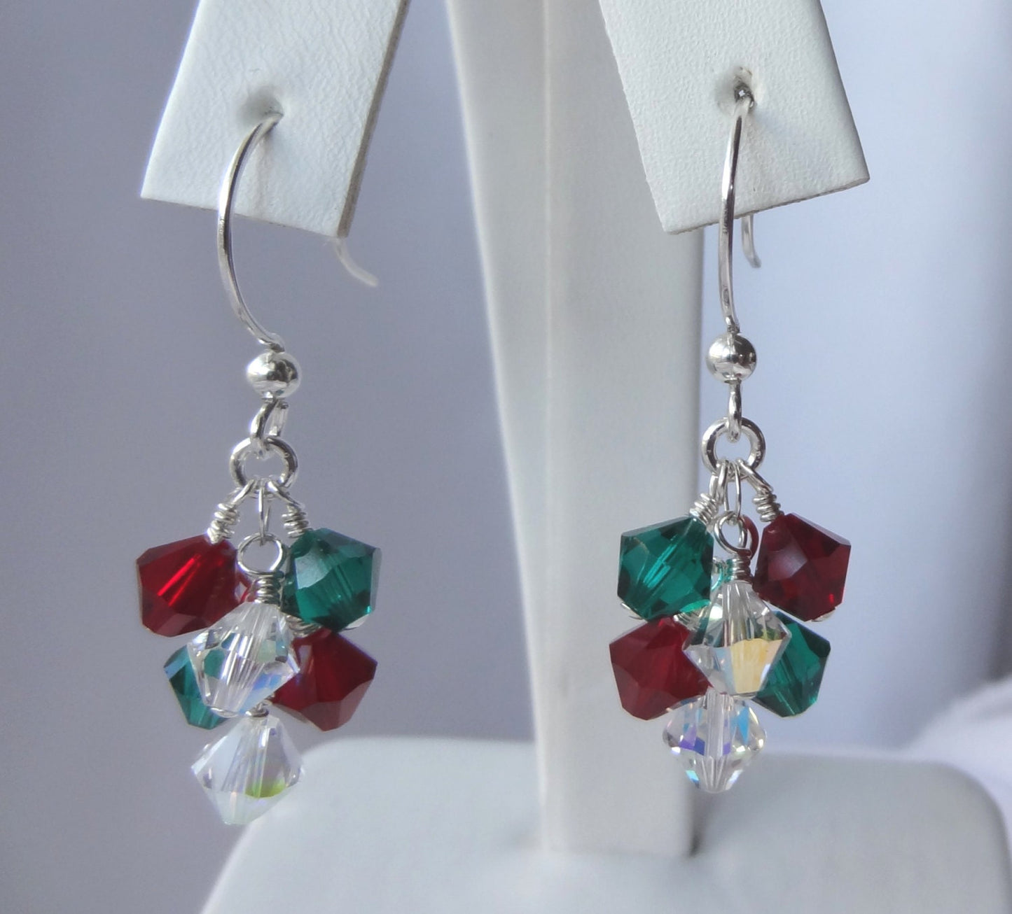 Sterling Silver Christmas Earrings,Emerald Crystal Red Cluster Earrings,Red White Green Silver Earrings,Gift for Grandmother Grandma dangle