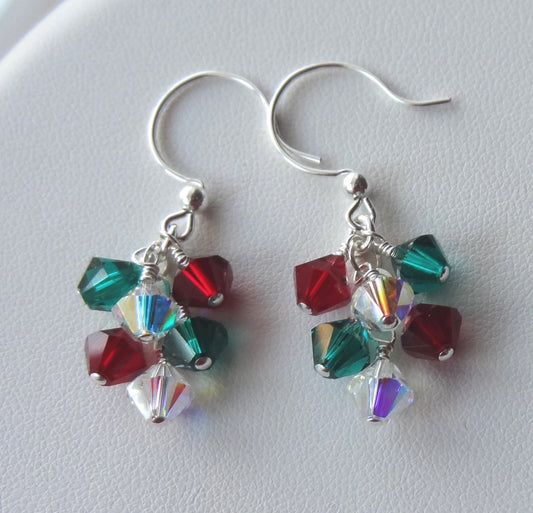 Sterling Silver Christmas Earrings,Emerald Crystal Red Cluster Earrings,Red White Green Silver Earrings,Gift for Grandmother Grandma dangle