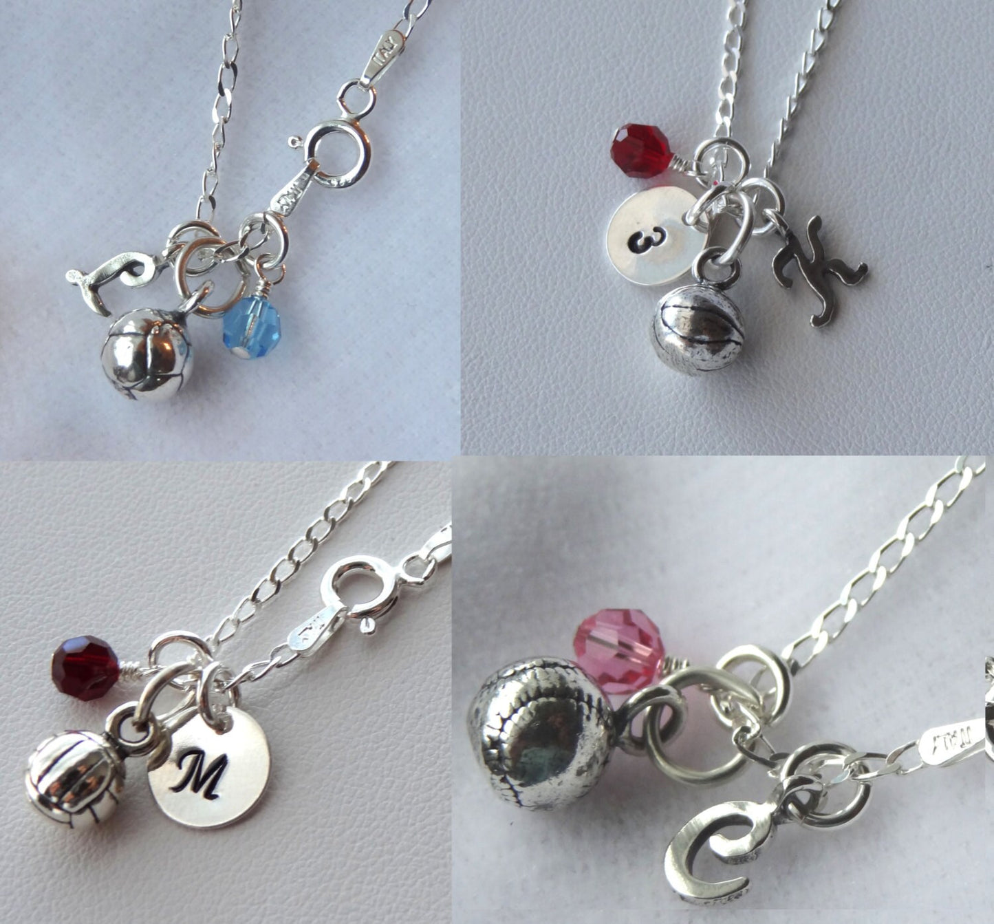 Sterling Silver Personalized Sport Ball Necklace, Initial Letter Birthstone Necklace,Basketball Soccer Baseball Softball Volleyball Necklace