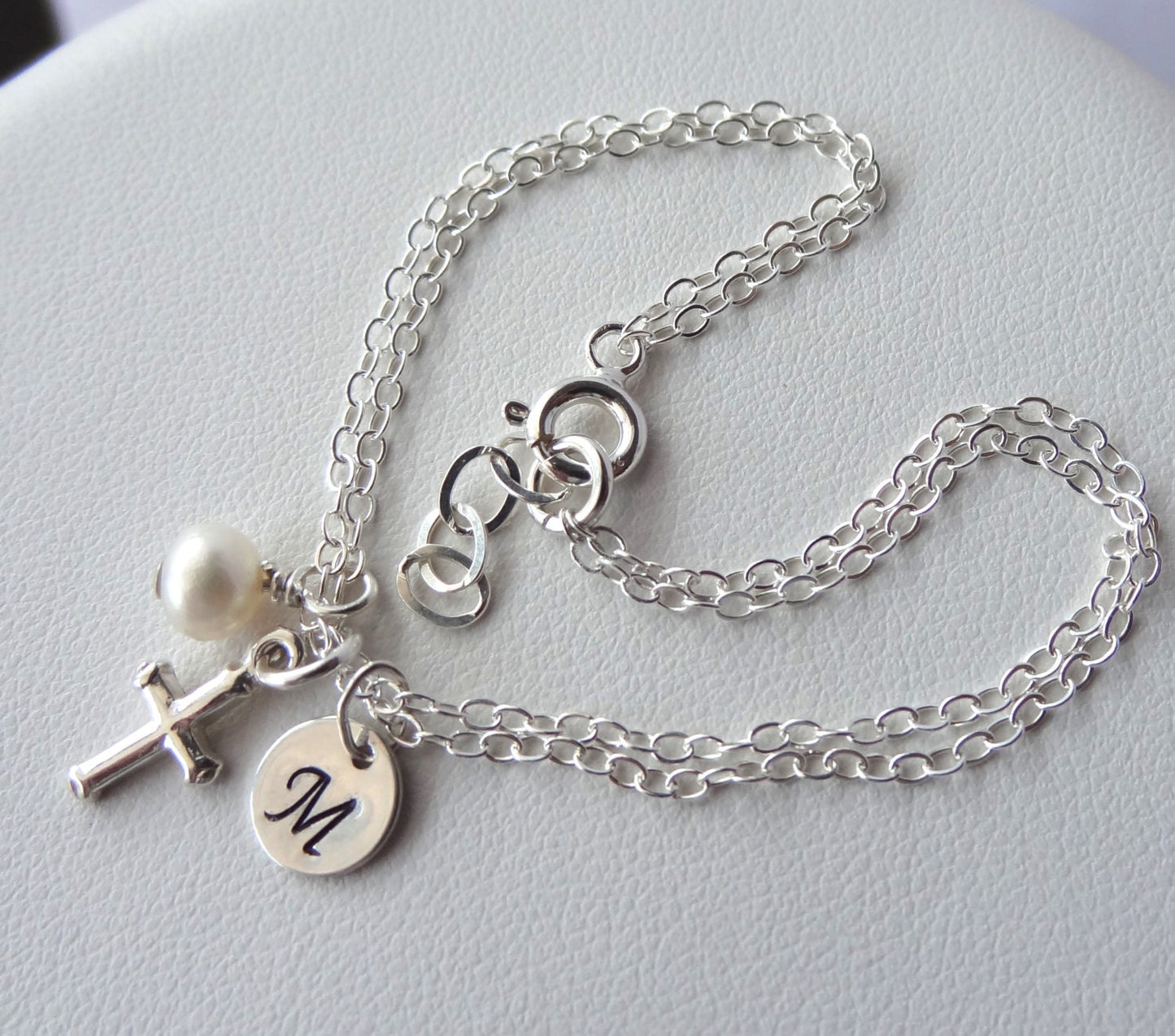 Sterling Silver First Communion Initial Birthstone and Charm Bracelet,Personalized Flower Girls Bracelet,Confirmation Chain Cross Bracelet