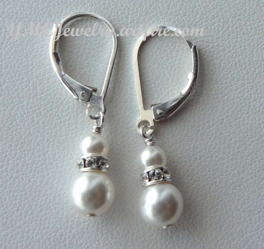 Crystal Rhinestone Pearl Earrings,White Pearl Earrings,Bridesmaids Pearl Gift Set Earrings,Wedding Bride Bridal Pearl Earrings,Bride Dangle