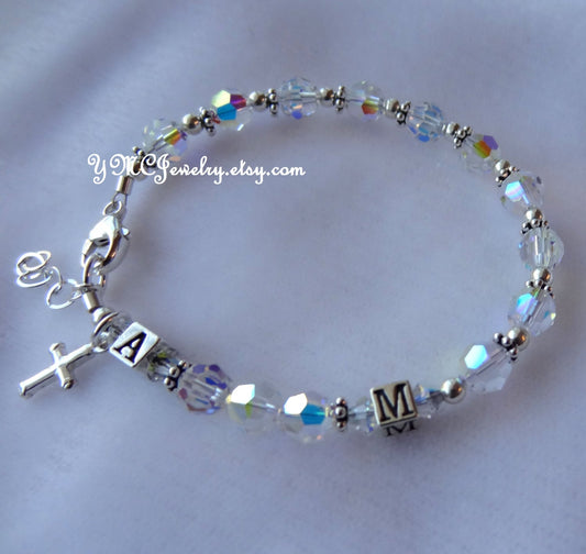 Personalized Silver Initial Rosary Bracelet,Initial Baby Bracelet,Confirmation Bracelet,First Communion Rosary Bracelet,Communion Girls Gift