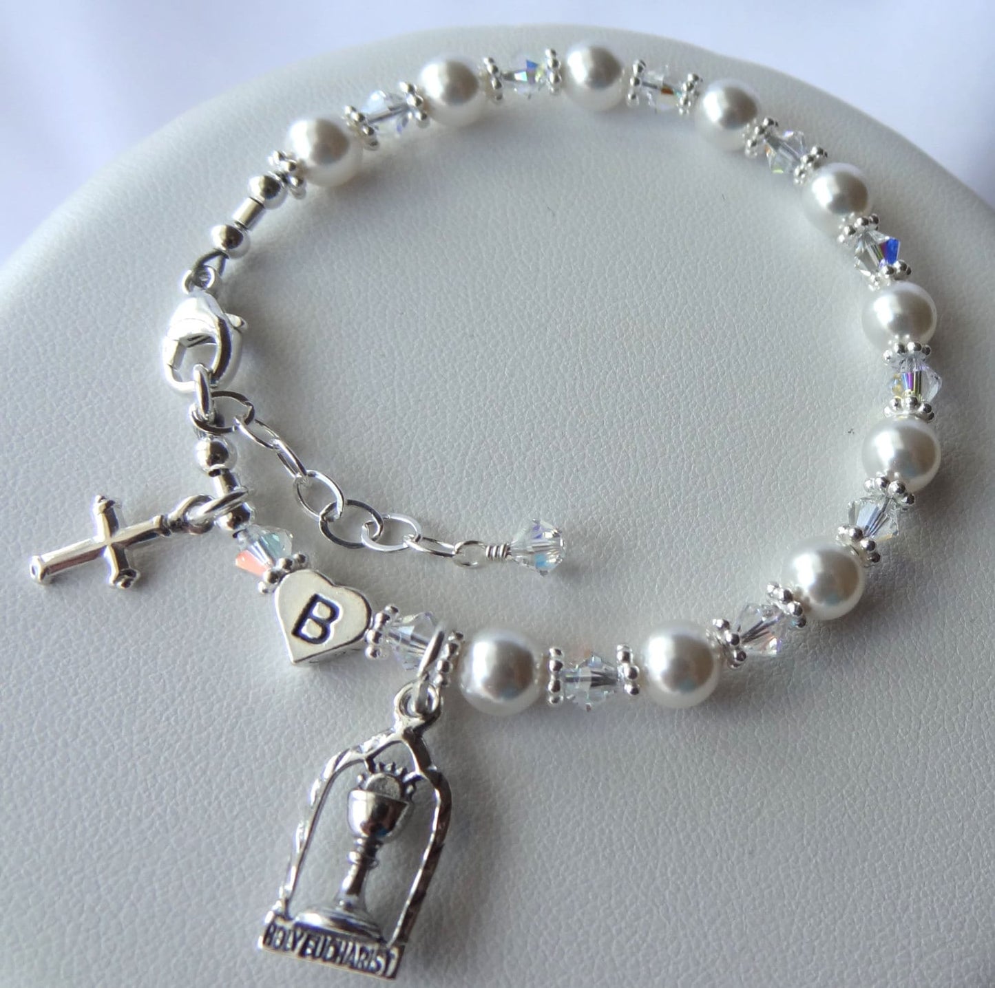 Chalice Rosary Bracelet,Sterling Crystal Pearl Heart Initial Personalized Girl Rosary Bracelet-First Communion Girls Pearl Rosary Bracelet