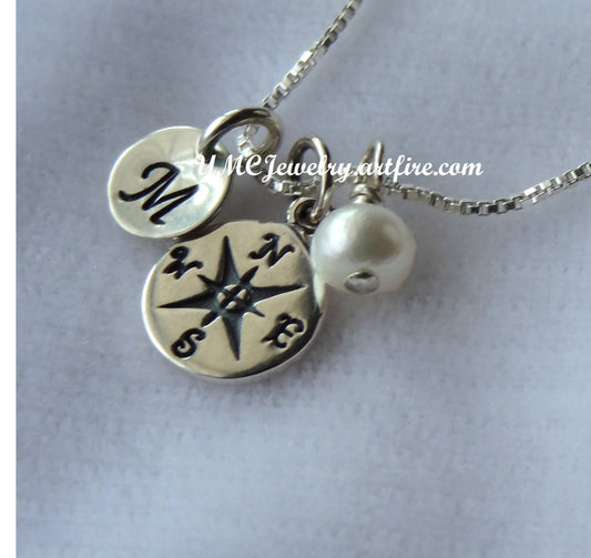 Compass Necklace, Sterling Silver Compass Initial Birthstone Necklace, Bridesmaids Gift Necklace, Best Friend Necklace,Travel Necklace