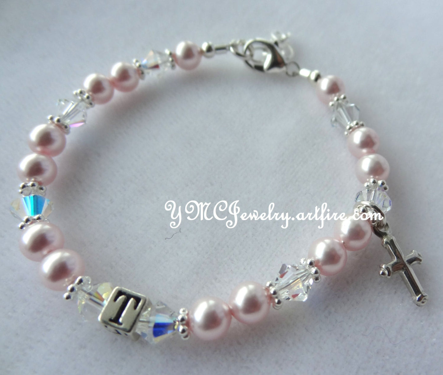 Cross Initial Pink Pearl Bracelet,First Communion Bracelet,Baby Pink Initial Girl Bracelet,Baby Pink Pearl Bracelet,Cross Pearl Bracelet