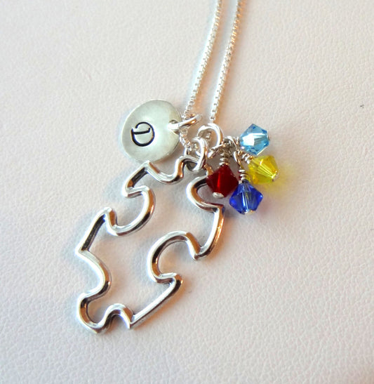 Sterling Silver Personalized Puzzle Initial Necklace,Multicolor Puzzle Jewelry,Autism Asperger Necklace,Autism Awareness,Sympathy Necklace