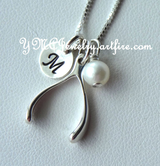 Sterling Silver Large Wishbone Necklace, Good Luck Necklace,Initial and Birthstone Lucky Necklace,  Celebrity Inspired, Jennifer Aniston