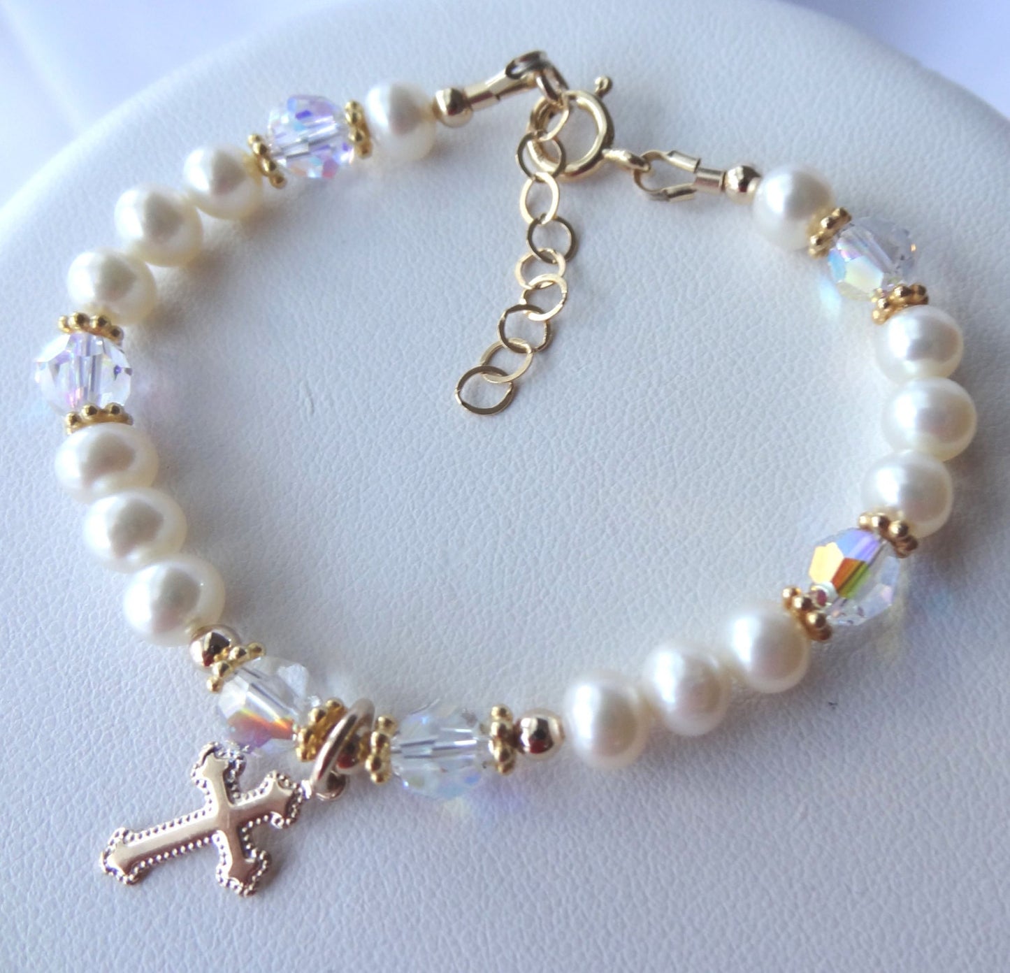 Gold Personalized Baby Cross Pearl and Birthstone Bracelet, Baptism Bracelet