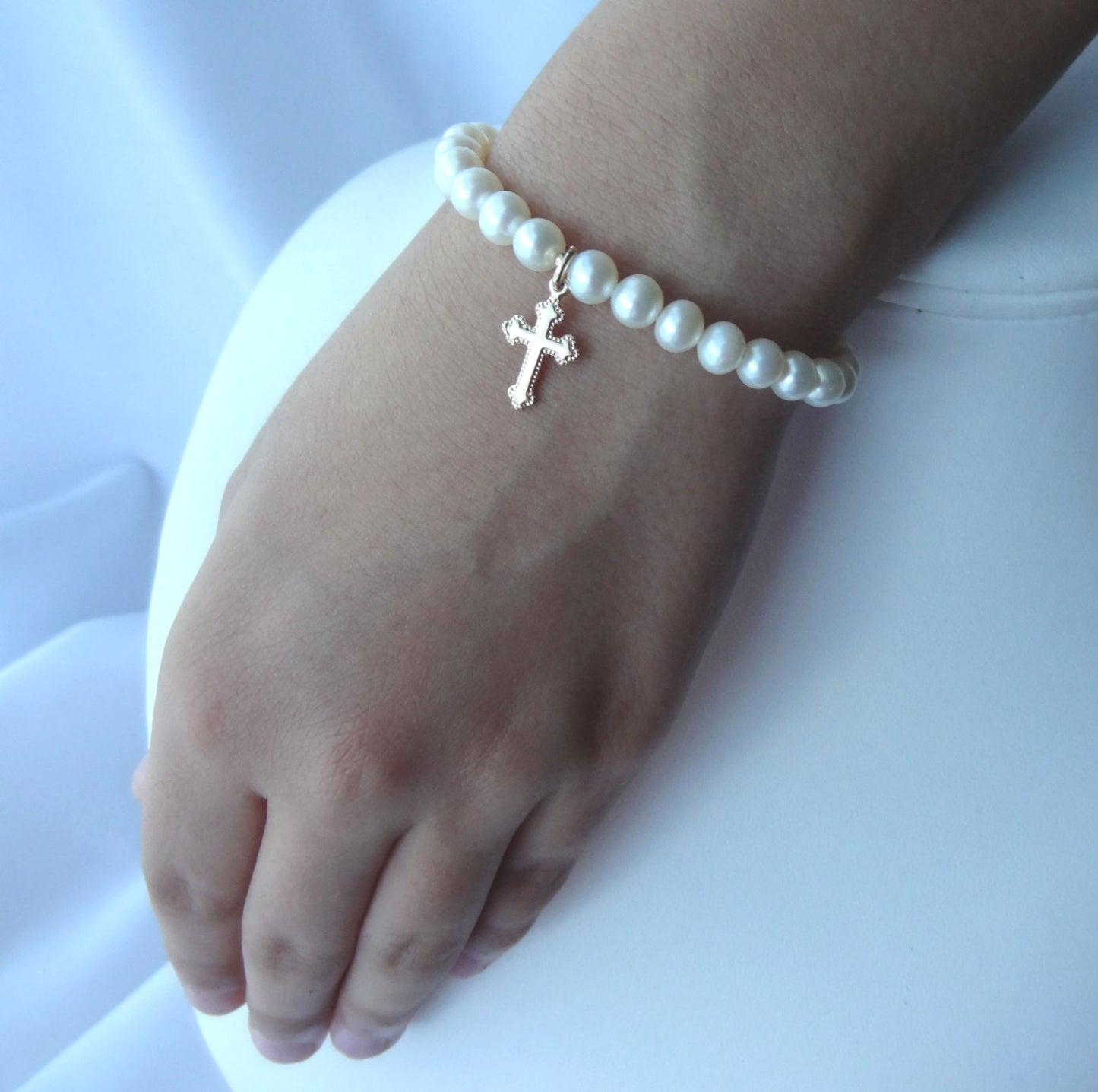 Gold Personalized Baby Cross Pearl and Birthstone Bracelet, Baptism Bracelet