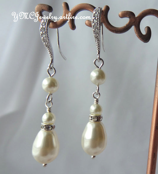 Cubic Zirconia Bride Teardrop Pearl Earrings,Bridesmaid Pearl Gift Set Earrings,Wedding Bridal Pearl Earrings,Large Bridal Pearl Earrings
