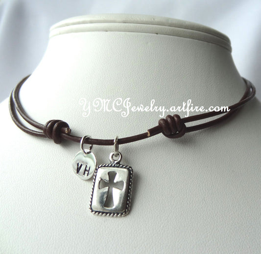 Silver Leather Rectangle Cross Necklace,Boy's Cross Necklace,First Communion Boy Necklace,Confirmation Boy Necklace,Baptism Boy Necklace