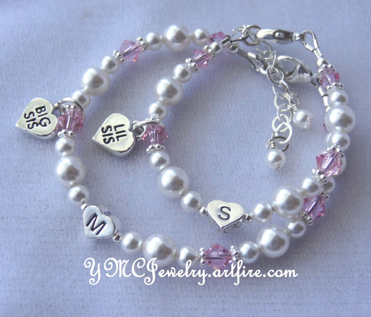 SET TWO Big Sister/Little Sister Initial Heart Bracelet, Heart Big Sis Lil Sis Charm Bracelet, Big Sister Bracelet, Little Sister Bracelet