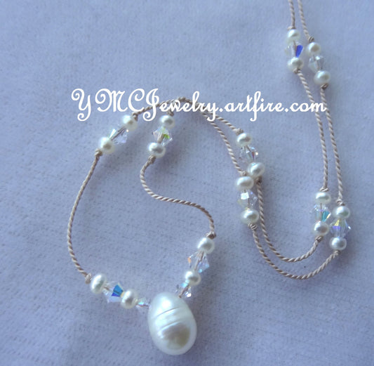Real Freshwater Pearl Silk Cord Necklace,Freshwater Pearl Drop Necklace,Bridesmaid Cord Necklace,Junior Bridesmaid Gift,Flower Girl Necklace