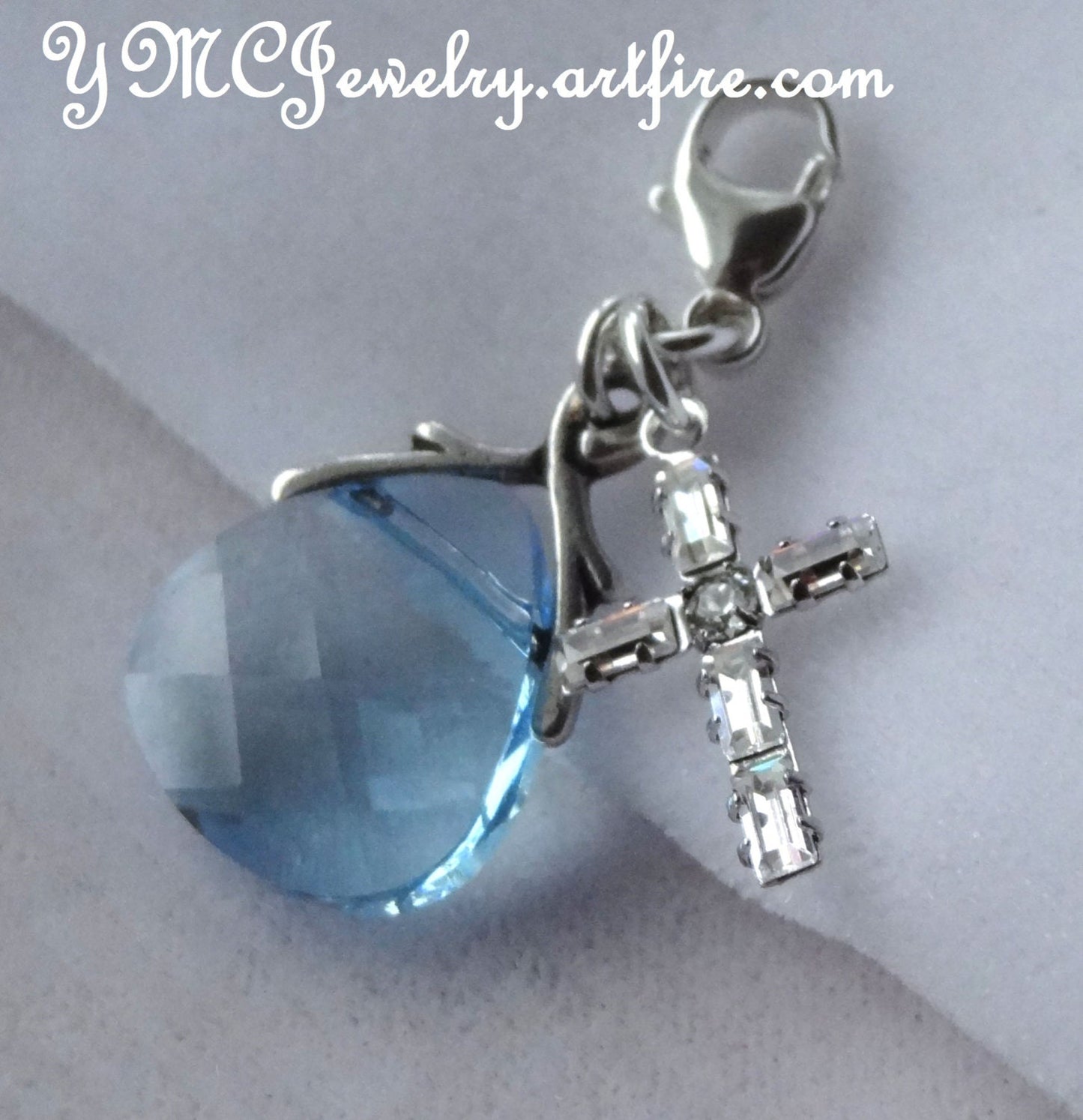 Personalized Something Blue Charm,Something Blue Catholic Bouquet Charm,Swarovski Crystal Blue Cross Charm, Blue Wedding Bouquet Charm