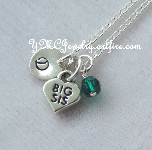 Personalized Big Sister Lil Sister Birthstone Initial Girl Necklace,Monogrammed Sisters Necklace,Big Sister Necklace,Little Sister Necklace