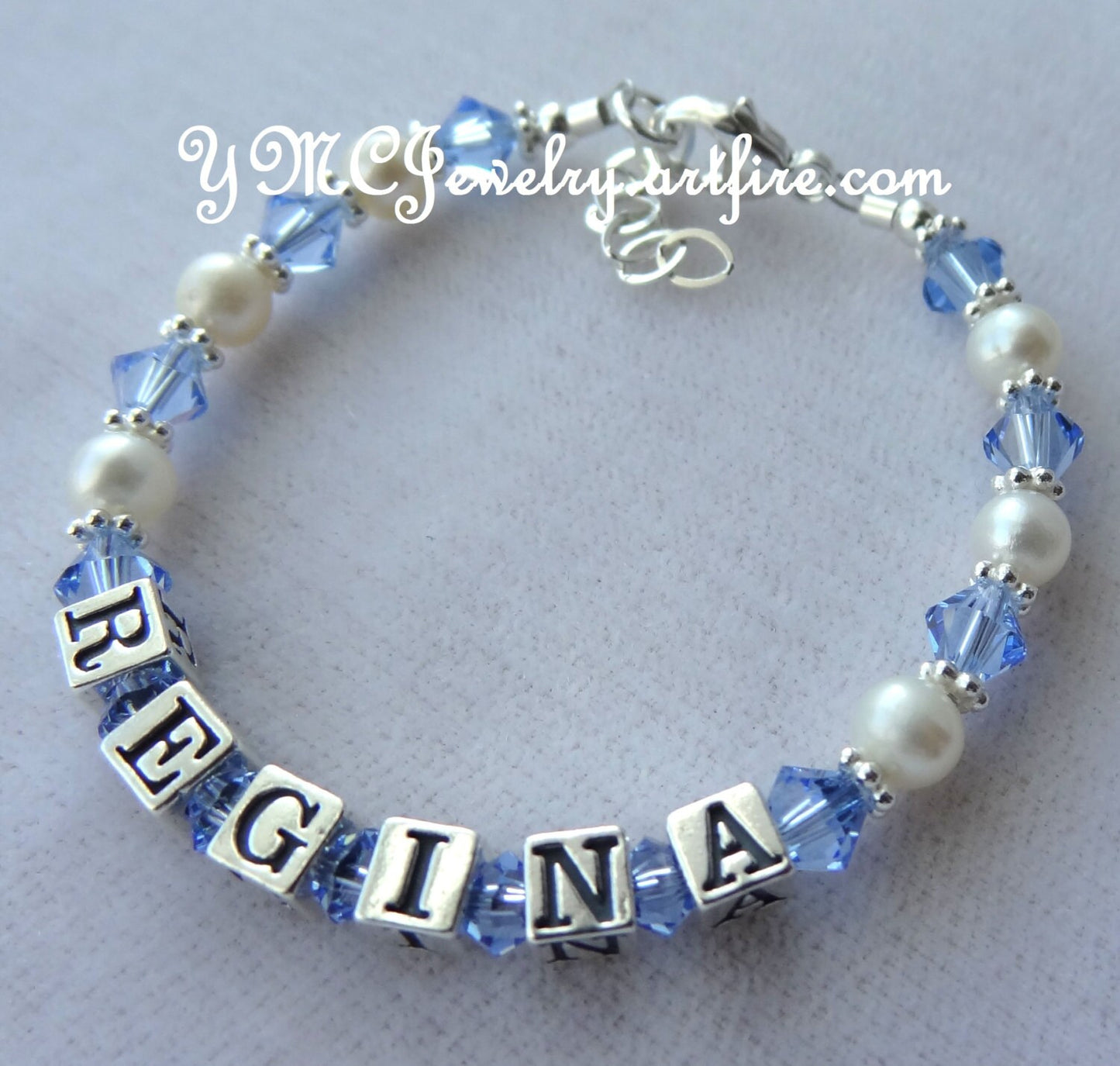 Sterling Silver Freshwater Pearl and Crystal Name Bracelet,Name Children Bracelet,Birthstone Bracelet,Christening First Communion Bracelet