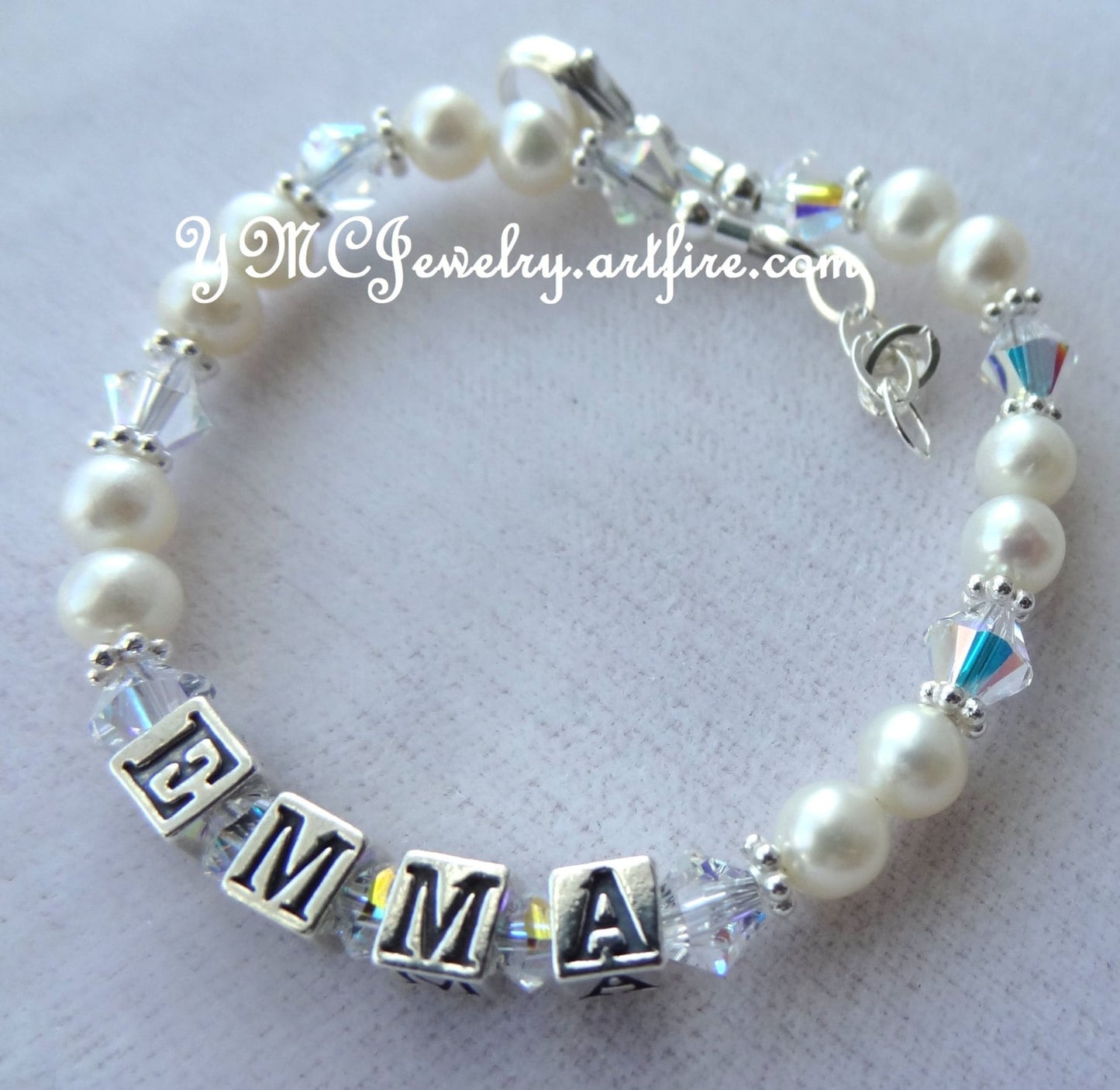 Sterling Silver Freshwater Pearl and Crystal Name Bracelet,Name Children Bracelet,Birthstone Bracelet,Christening First Communion Bracelet