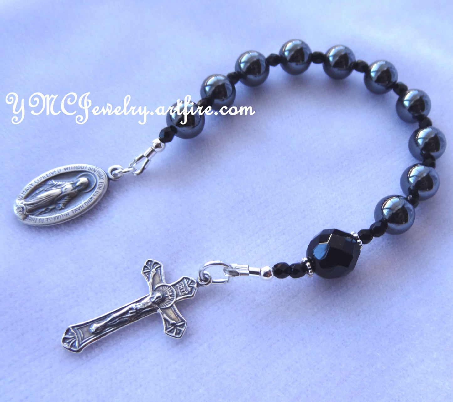 Chaplet Rosary, First Communion, Godparents Present, Angel Chaplet, Boys Confirmation, Black and Gray Chaplet, Snowflake Hematite Chaplet