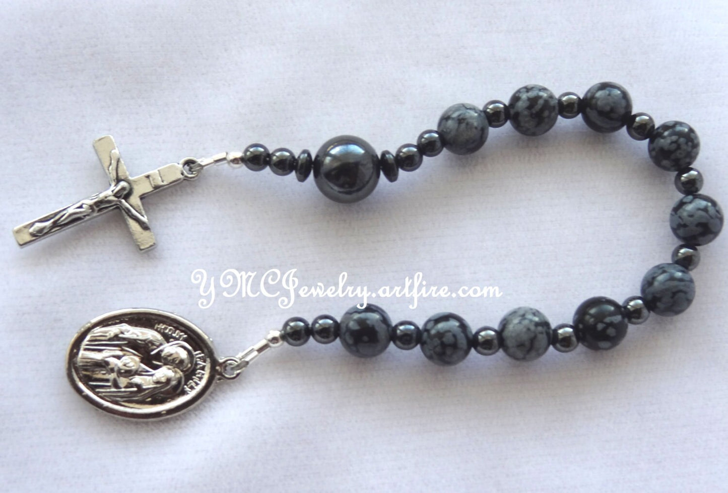 Chaplet Rosary, First Communion, Godparents Present, Angel Chaplet, Boys Confirmation, Black and Gray Chaplet, Snowflake Hematite Chaplet