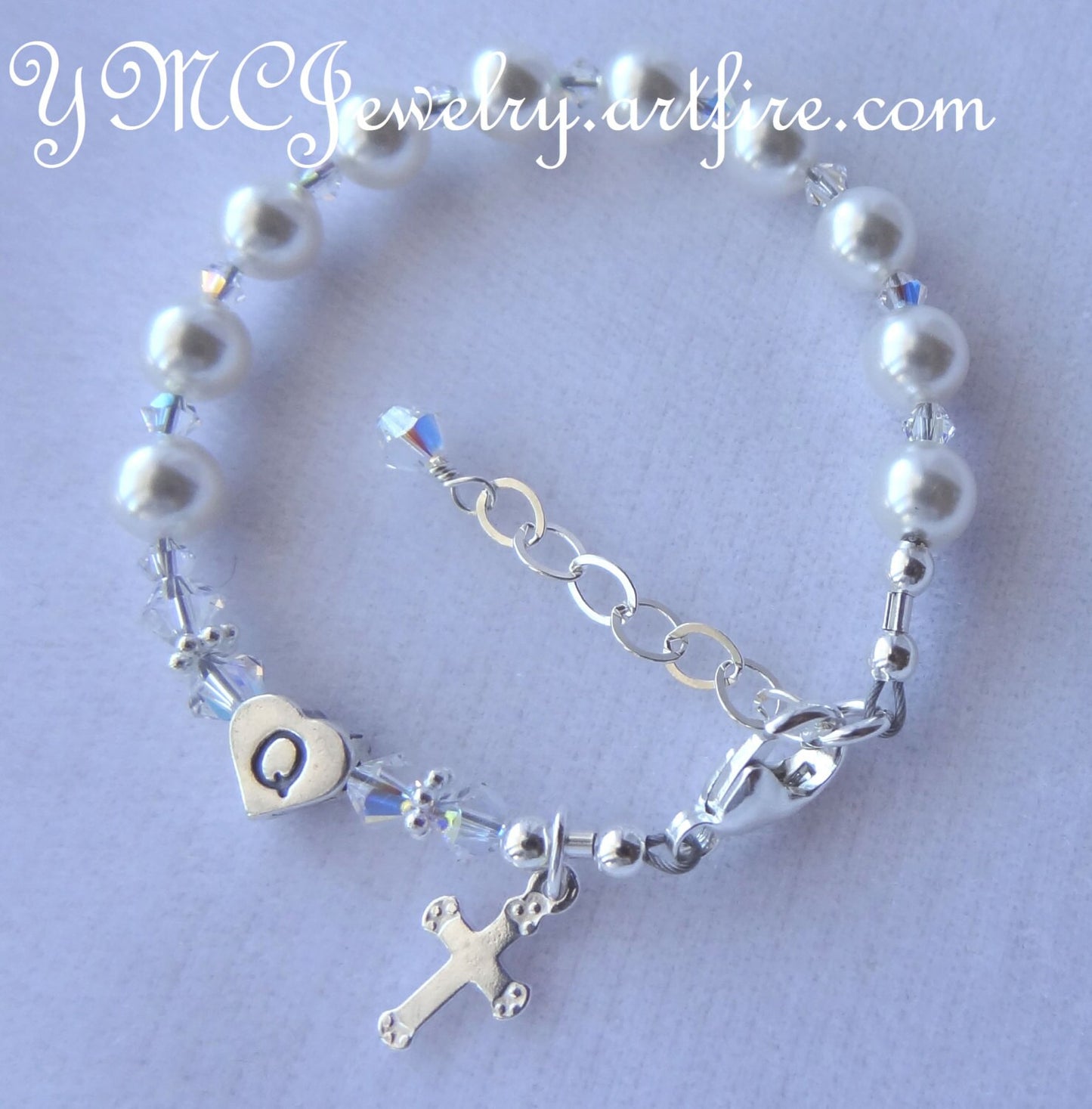 Personalized Baby Baptism  Initial Pearl Rosary Bracelet