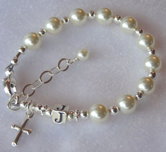 Sterling Pearl Cross Necklace and Bracelet Set For Baptism  Communion