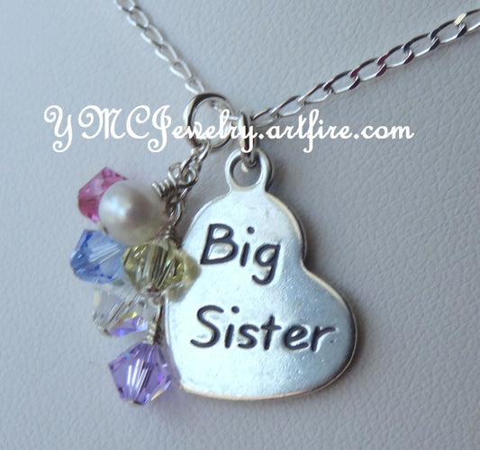 Sterling Silver Little Sister/Big Sister Heart Charm Necklace,Freshwater Pearl Necklace,Multicolor Dangle Pendant,Lil Sis - Big Sis Necklace