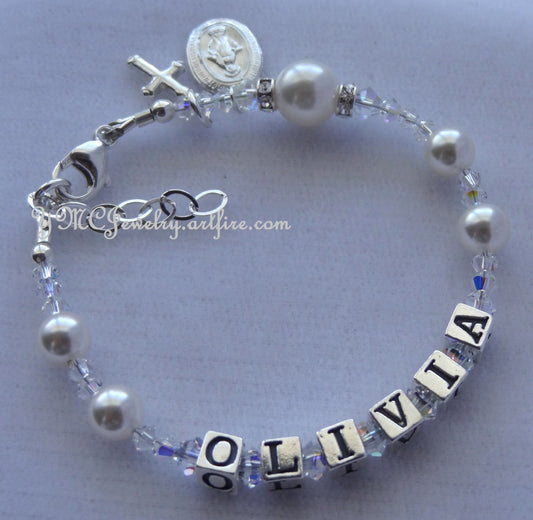 Personalized Name Pearl Rosary Chaplet Bracelet,First Communion Rosary Bracelet