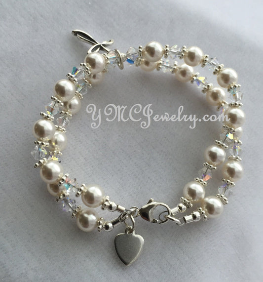 Confirmation Bracelet-Double Strand Crystal Pearl and Sterling Silver Heart Initial Children Rosary Bracelet-First Communion Bracelet