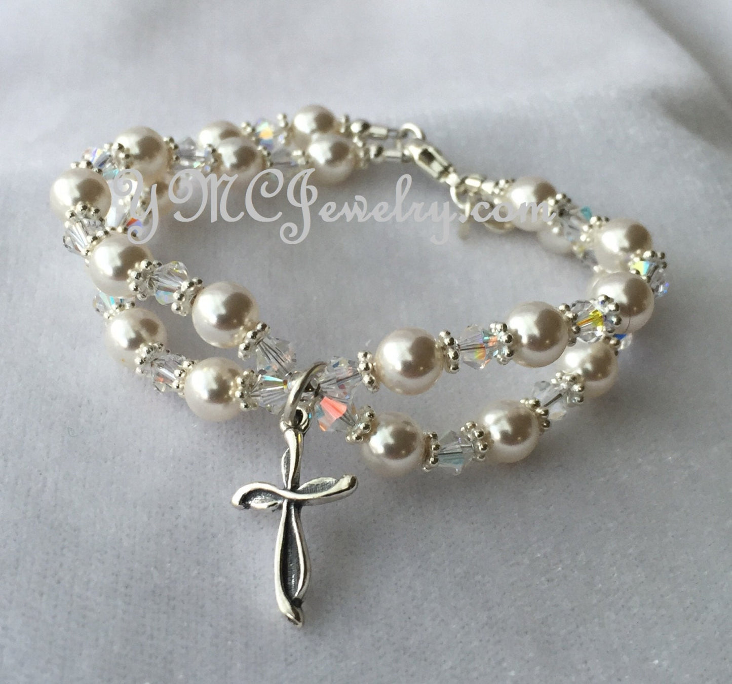 Confirmation Bracelet-Double Strand Crystal Pearl and Sterling Silver Heart Initial Children Rosary Bracelet-First Communion Bracelet