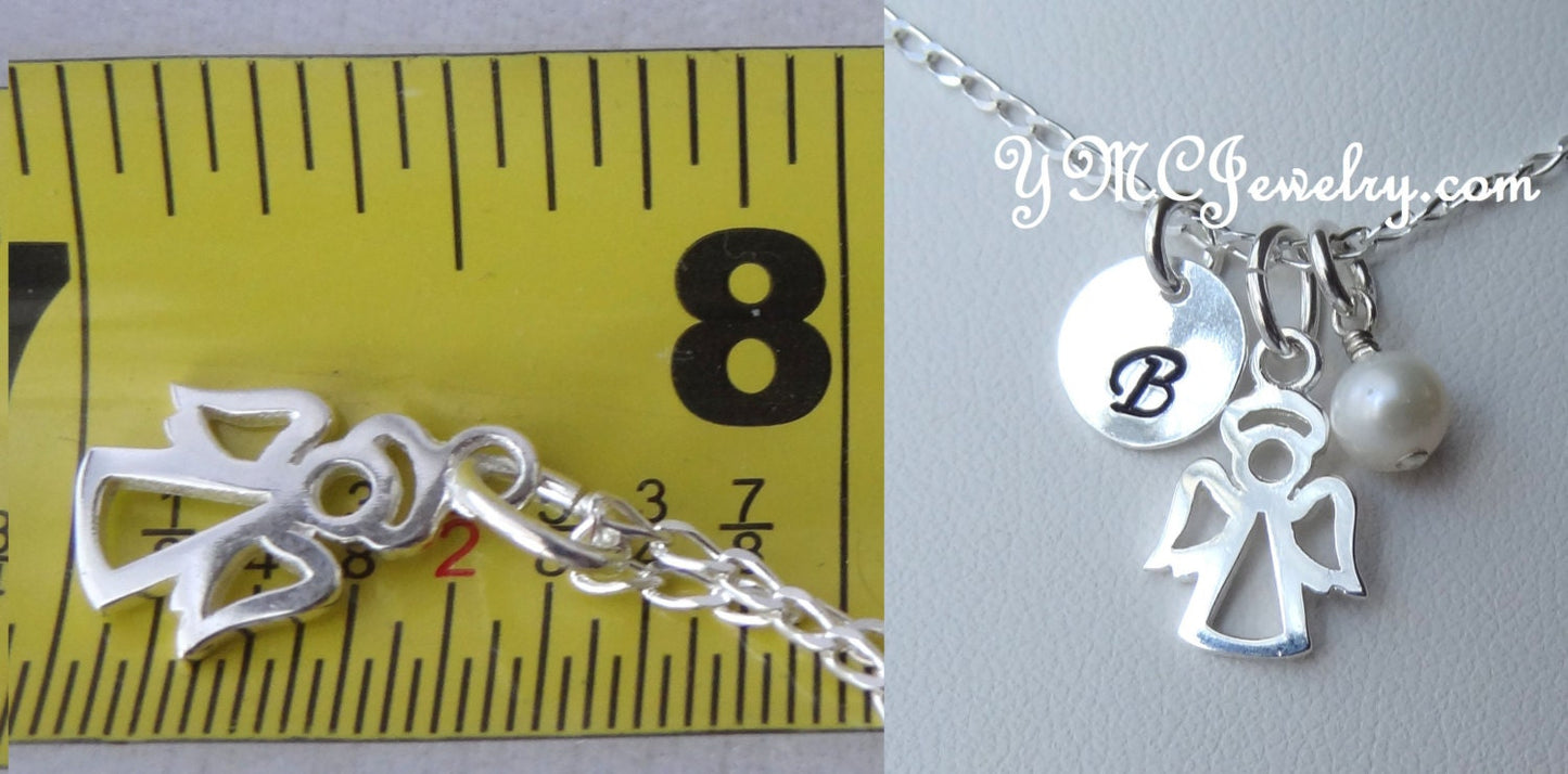 Silver Personalized Angel Necklace,Guardian Angel Necklace,Initial Letter Birthstone Necklace,First Communion Baptism Necklace,Sympathy Gift