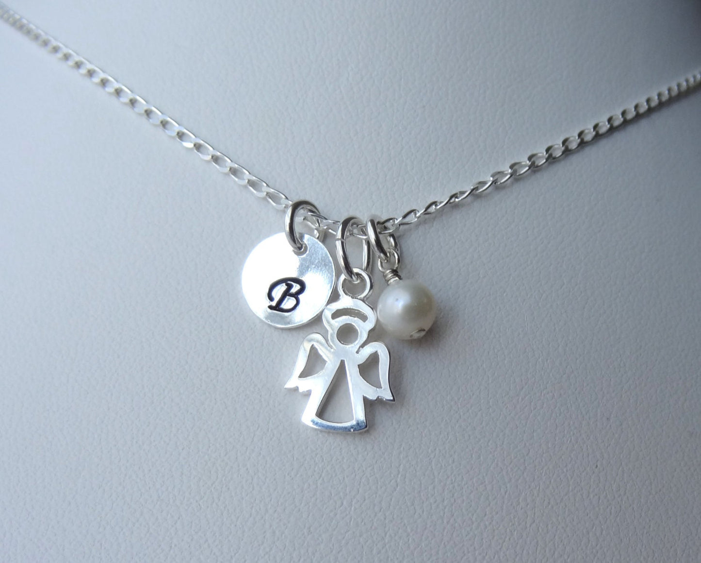 Silver Personalized Angel Necklace,Guardian Angel Necklace,Initial Letter Birthstone Necklace,First Communion Baptism Necklace,Sympathy Gift