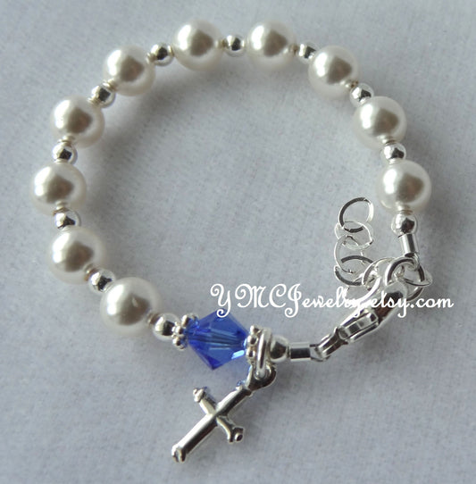 Sterling Silver Rosary Pearl Bracelet, Cross Bracelet, First Communion Bracelet,Baptism Rosary Pearl Bracelet,Chaplet, Rosary Pearl Bracelet