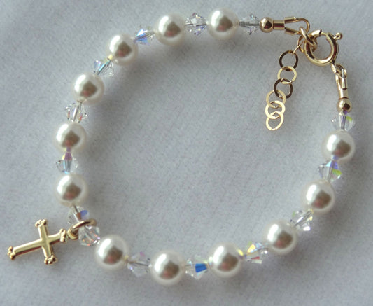 Gold Cross Pearl Baby Bracelet, Pearl Birthstone Bracelet,Cross Bracelet,Flower Girl Bracelet,First Holy Communion Bracelet,Baptism Bracelet