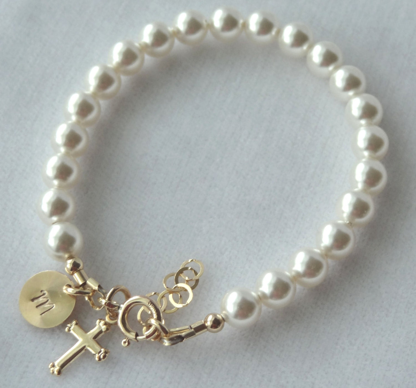 Gold Initial Cross Pearl Baptism Bracelet, Flower Girl Bracelet, Pearl Baptism Bracelet, First Communion-Confirmation,Baby Pearl Bracelet